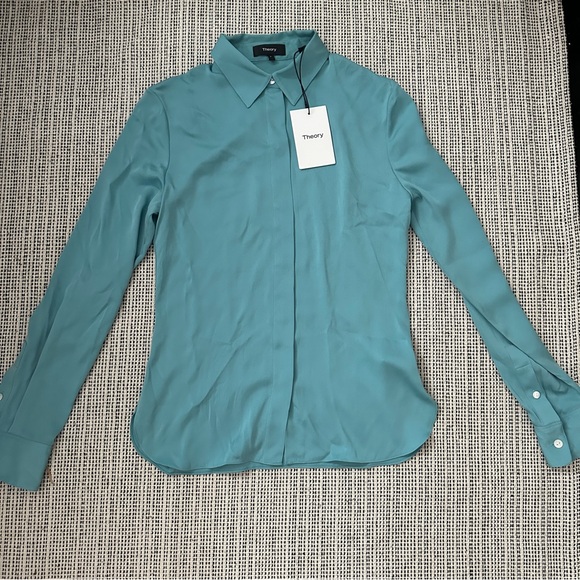 NWT Silk Theory button up blouse seafoam green size P - Picture 1 of 7